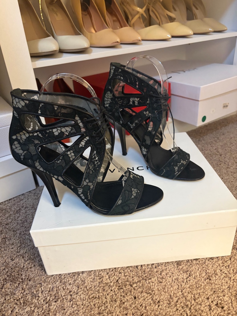 Givenchy Black Lace Cutout Cage Heels (cage sandal booties) IT 37.5/ US 7.5